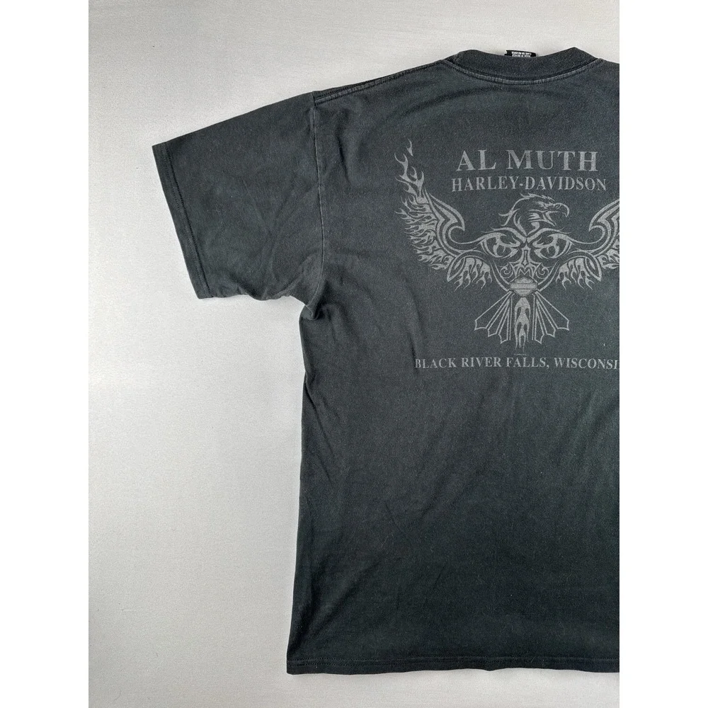 Vintage 2004 Harley Davidson Eagle Flag T-Shirt Al Muth Black River Falls L